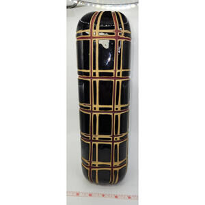 MCM Handcrafted Black Glass Etched Tall Vase Red Tan Plaid Pattern Red Glows
